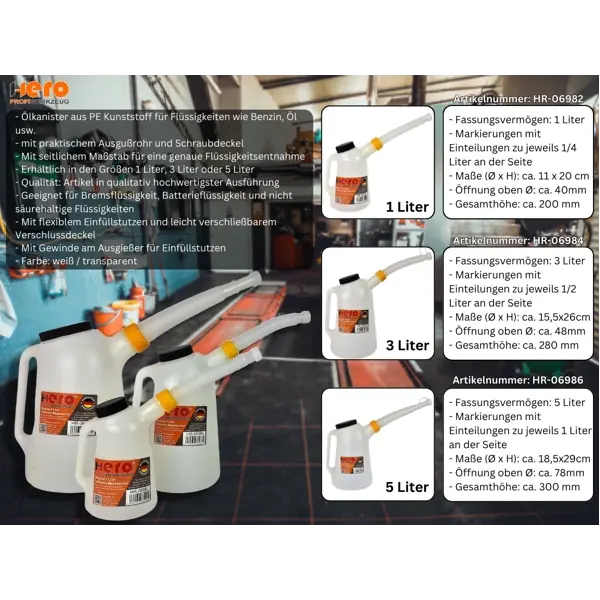 Ölkannen Messkanne Füllkanne SET 1L + 3L + 5L Messbecher Wasser Kanne Kfz HERO