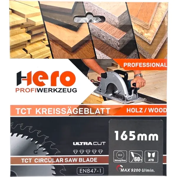 Kreissägeblatt 165 x 20 mm 60Z HM Sägeblatt TCT Sägeblätter Holz HERO PREMIUM