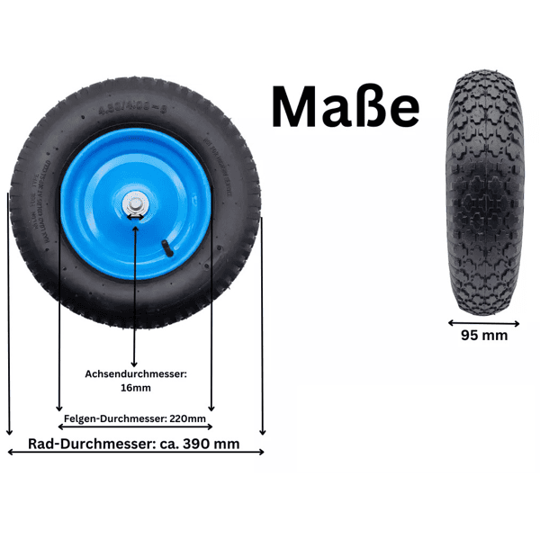 Schubkarrenrad 4.80/4.00-8 Ersatzrad Luftrad 2PR 16mm Achsloch inkl Achse