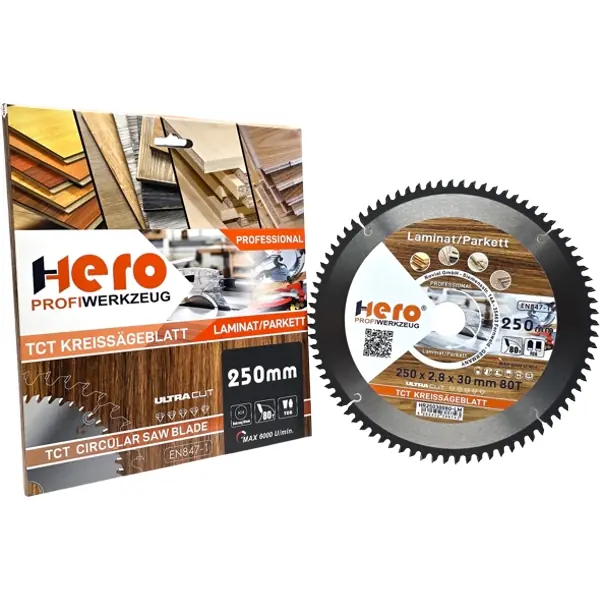 Kreissägeblatt 250 x 30 mm Laminat 80Z HM Sägeblatt Holz PVC HERO Professional