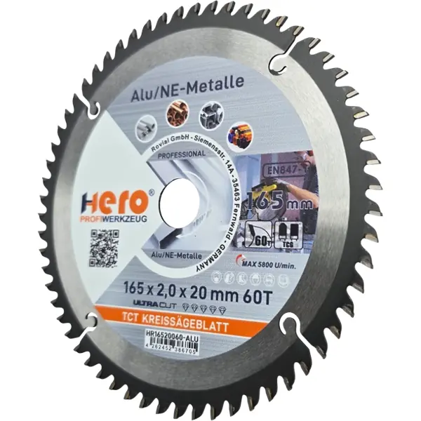 Kreissägeblatt 165 x 20 mm 60Z ALU HM Sägeblatt NE-Metall TCG HERO PROFESSIONAL