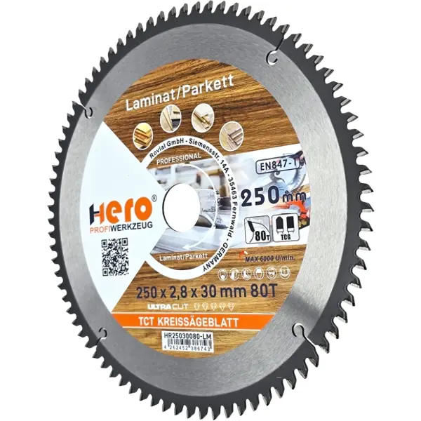 Kreissägeblatt 250 x 30 mm Laminat 80Z HM Sägeblatt Holz PVC HERO Professional
