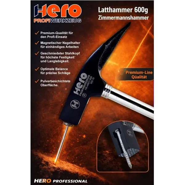 Latthammer Zimmermann Hammer 600g mit Magnet Stahlrohrstiel HERO Premium