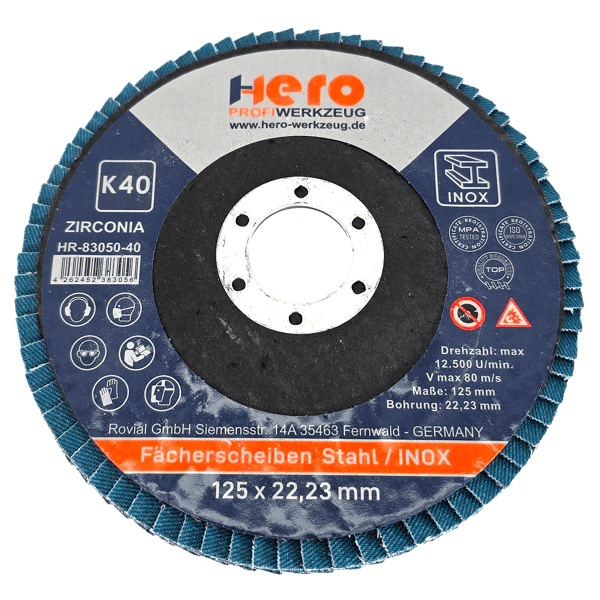 10 Fächerscheiben Zirkonia Inox 125mm Edelstahl K40 HERO Premium Lamellenscheibe