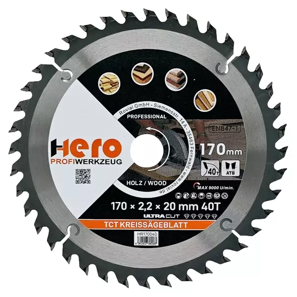 Kreissägeblatt 170 x 20/16 mm 40Z Profi HM Sägeblatt TCT Sägeblätter Holz