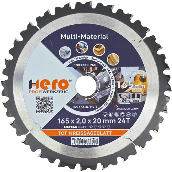 Kreissägeblatt 165 x 20 mm Multi Material 24Z HM Sägeblatt TCT Holz HERO PROFI