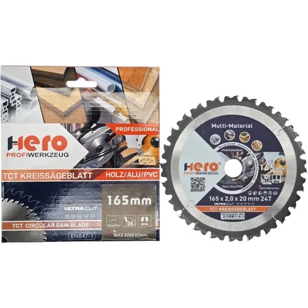 Kreissägeblatt 165 x 20 mm Multi Material 24Z HM Sägeblatt TCT Holz HERO PROFI
