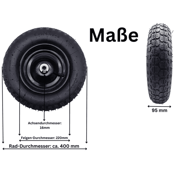 Schubkarrenrad Ersatzrad Luftrad 4,80/4.00-8 2PR Reifen 16mm Achsloch