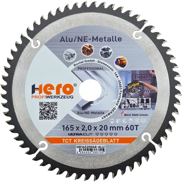 Kreissägeblatt 165 x 20 mm 60Z ALU HM Sägeblatt NE-Metall TCG HERO PROFESSIONAL