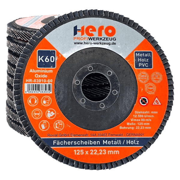 10x Fächerschleifscheibe 125mm K60 ALU OXIDE HERO Premium Lamellenscheibe