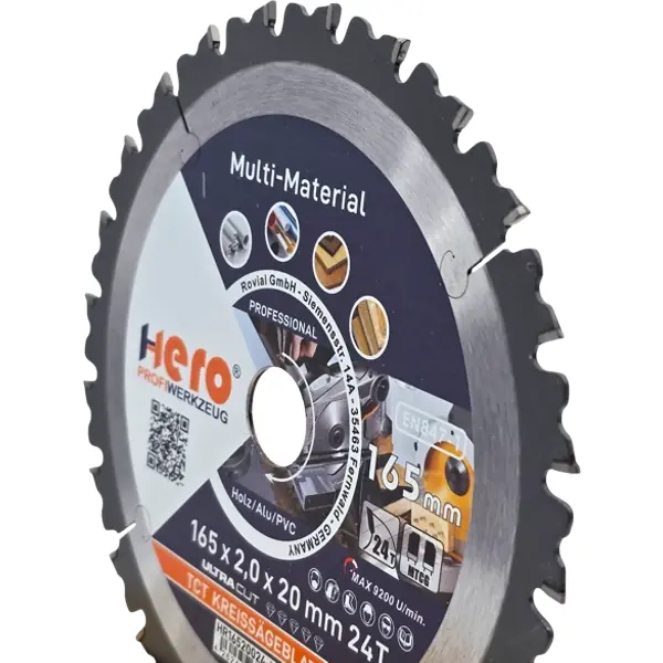Kreissägeblatt 165 x 20 mm Multi Material 24Z HM Sägeblatt TCT Holz HERO PROFI