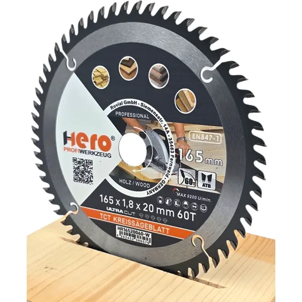 Kreissägeblatt 165 x 20 mm 60Z HM Sägeblatt TCT Sägeblätter Holz HERO PREMIUM
