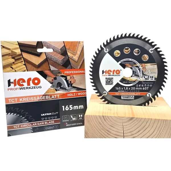 Kreissägeblatt 165 x 20 mm 60Z HM Sägeblatt TCT Sägeblätter Holz HERO PREMIUM