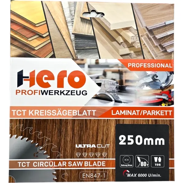Kreissägeblatt 250 x 30 mm Laminat 80Z HM Sägeblatt Holz PVC HERO Professional