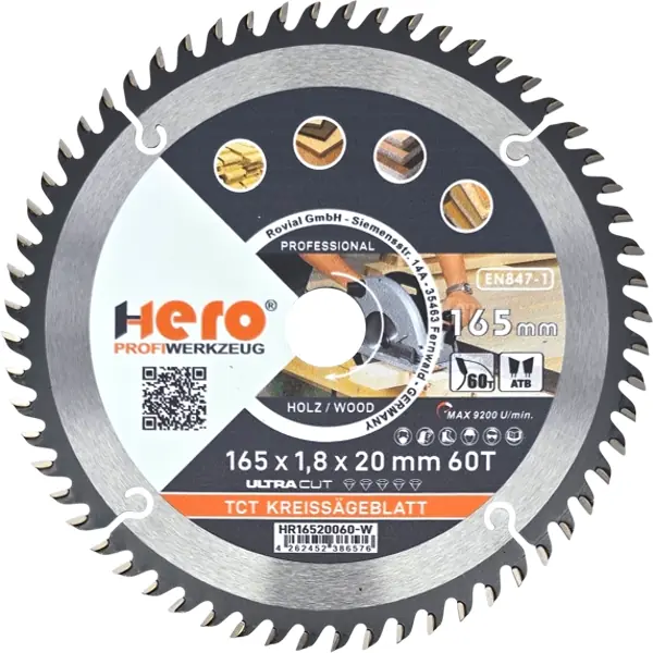 Kreissägeblatt 165 x 20 mm 60Z HM Sägeblatt TCT Sägeblätter Holz HERO PREMIUM