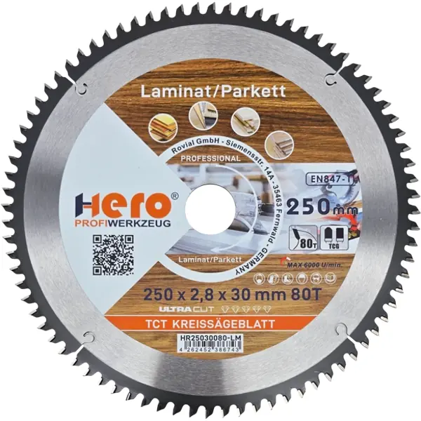 Kreissägeblatt 250 x 30 mm Laminat 80Z HM Sägeblatt Holz PVC HERO Professional