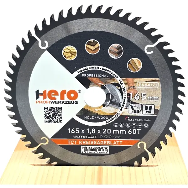 Kreissägeblatt 165 x 20 mm 60Z HM Sägeblatt TCT Sägeblätter Holz HERO PREMIUM