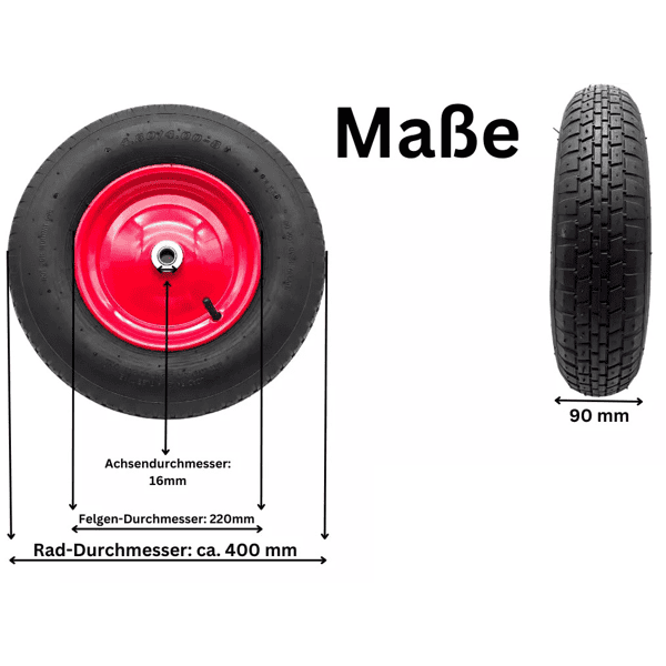 Schubkarrenrad Ersatzrad 4.80/4.00-8 Luftrad 2PR Reifen 16mm Achsloch