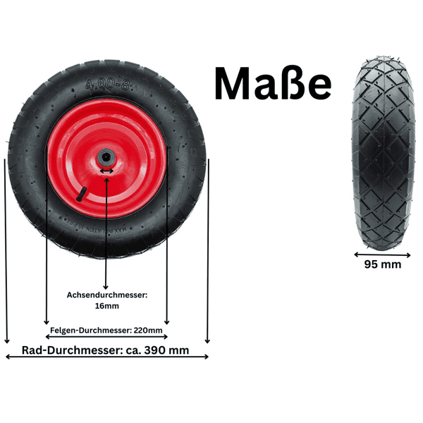 Schubkarrenrad Ersatzrad 4.00-8 Luftrad 2PR Reifen 16mm Achsloch