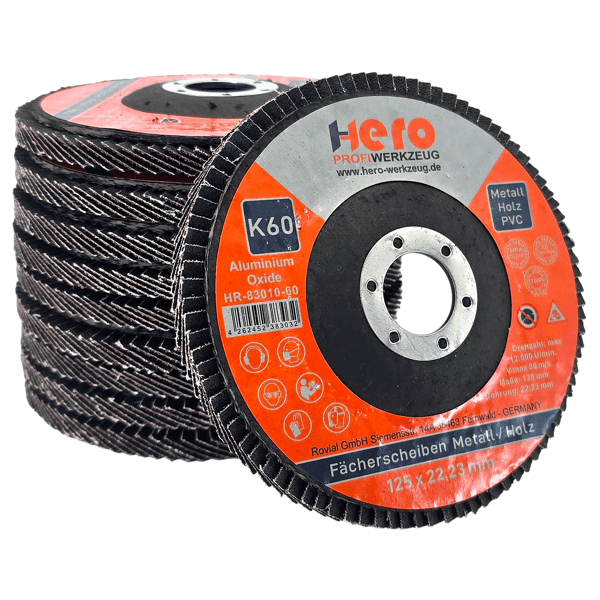 10x Fächerschleifscheibe 125mm K60 ALU OXIDE HERO Premium Lamellenscheibe