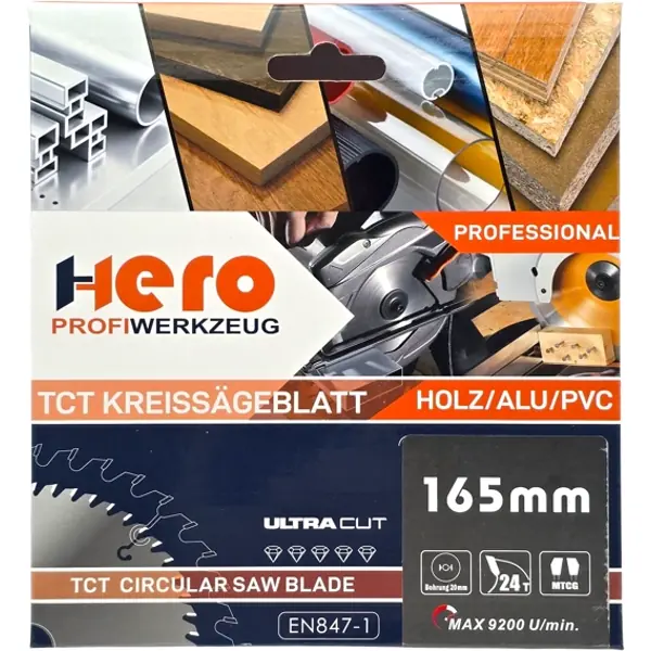 Kreissägeblatt 165 x 20 mm Multi Material 24Z HM Sägeblatt TCT Holz HERO PROFI